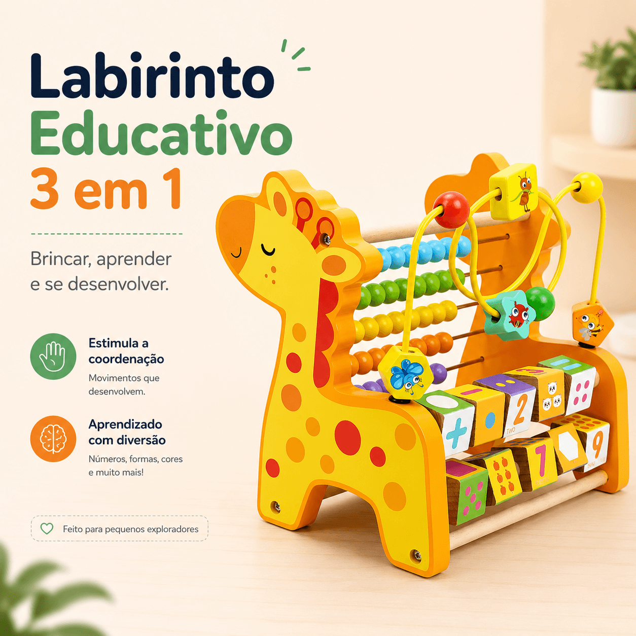 Labirinto Educativo 3 em 1 | Ábaco, Aramado e Cubo Giratório
