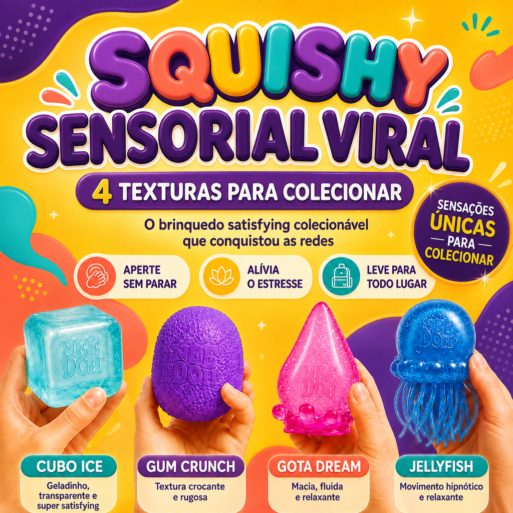 Squishy Sensorial Viral | 4 Texturas para Colecionar
