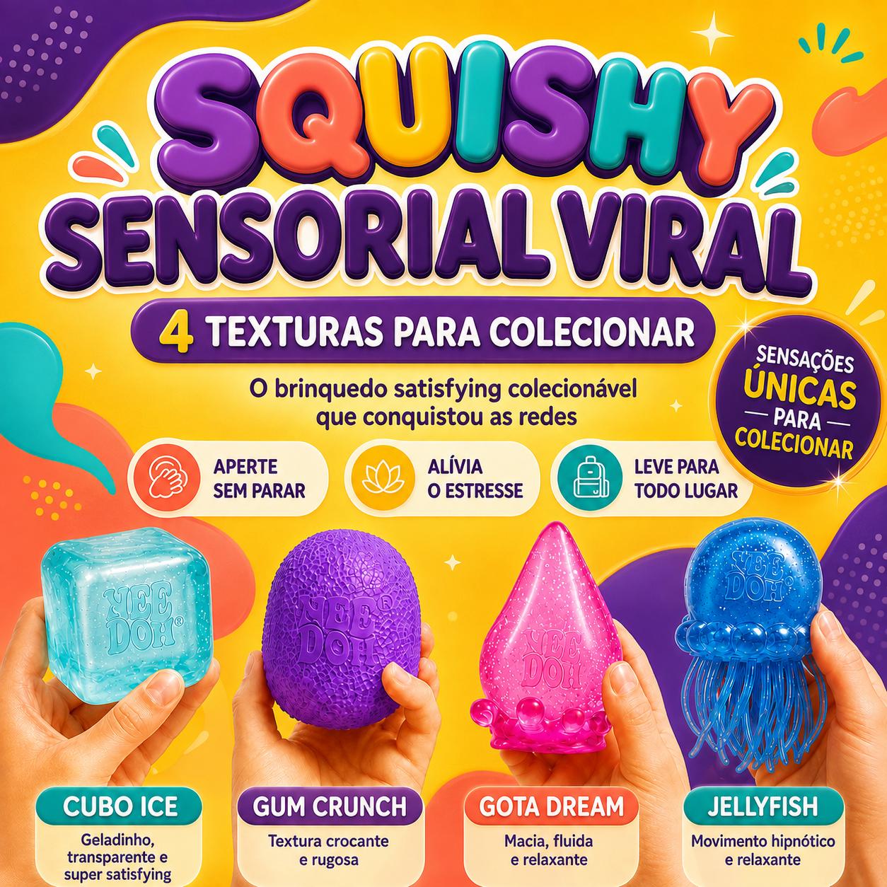 Squishy Sensorial Viral | 4 Texturas para Colecionar